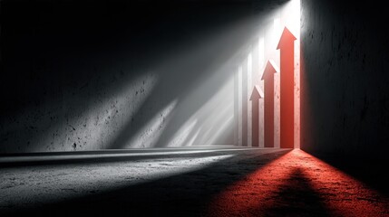 A dark, concrete space with a bright, upward path