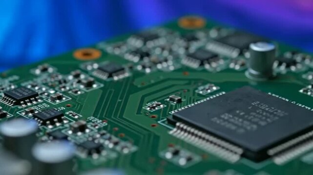 A close-up video of a computer circuit board with various components and wires in a modern technology setting . use as multipurpose tittle intro, background. product mockup. motion graphics background