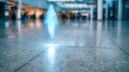 Digital figure in airport. A glowing digital figure stands on the floor in a crowded airport with travelers moving in the background.