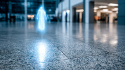 Phantom in modern space. A digital figure appears in a busy building. People and objects are blurred in the background.
