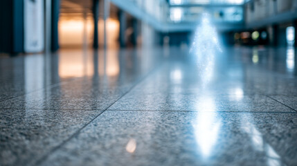 Reflections on polished floor. Light reflects off a polished surface in a large indoor space with visible architectural lines.