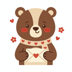 Fototapeta premium Cute vector illustration of a shy bear presenting a heartfelt love letter