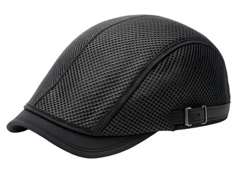 A stylish black mesh flat cap for men featuring a breathable design and adjustable strap isolated on transparent background