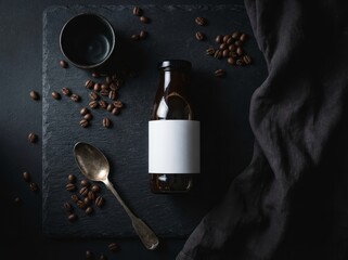 Coffee bottle with blank label and scattered beans