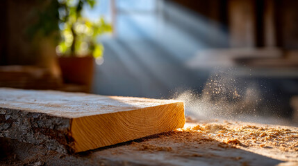 Wood dust rises in a workshop at midday. Light shines through a workshop window as wood dust rises from a freshly cut wooden plank on a work surface.