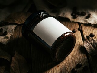 Coffee jar with blank label on rustic wooden table