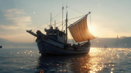 Wooden fishing vessel sails at sunset; golden sunlight sparkles on water, a serene nautical scene