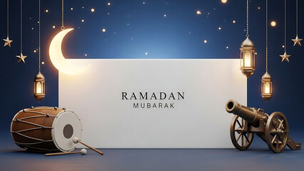 Ramadan Mubarak celebration with traditional lanterns and moon
