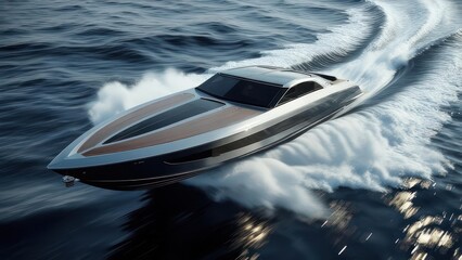 Sleek, modern motorboat racing across blue water, creating foamy wake
