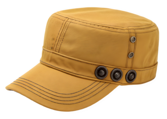 Fashionable mustard yellow military-style cadet cap with decorative metal details isolated on transparent background