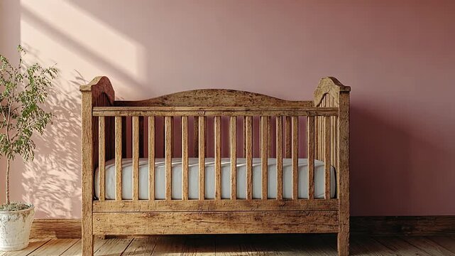 Empty wooden baby crib in a cozy nursery room with pink walls and soft sunlight.