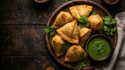Crispy fried Indian Samosas with green chutney on rustic wooden plate