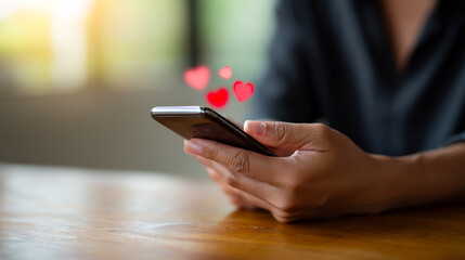 Smartphone user with love icons. A person looks at their smartphone while sitting at a table, showing love symbols floating above the screen.