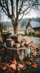 Chopped firewood stacked on tree stump in rural yard