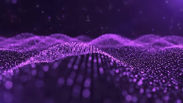 A futuristic video visualization of purple particles flowing in a digital landscape video . use as multipurpose tittle intro, background. product mockup. motion graphics background
