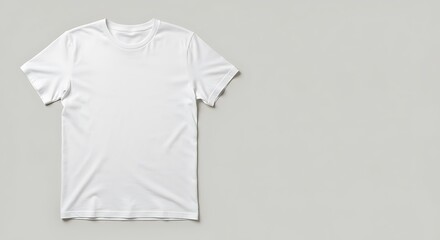 A plain white T-shirt on a light gray background with subtle shadows, captured in a product photography style with a neutral mood.