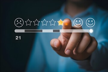 A person touching a digital rating interface with stars and smiley faces on a screen hand finger