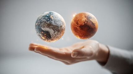Earth and Mars floating above human hand concept