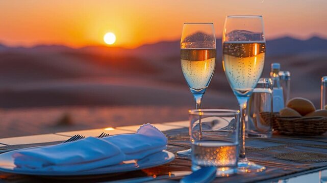 Two glasses of sparkling wine sit on a table as the sun sets over a desert landscape. The scene captures a moment of relaxation during dinner with soft light from the sunset