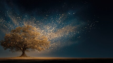 Transformation and Growth Illustrated by a Magical Tree Glowing with Golden Sparkles Under a Starry Night Sky