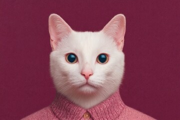 Cat wears pink sweater with bright blue eyes and pink nose against solid background