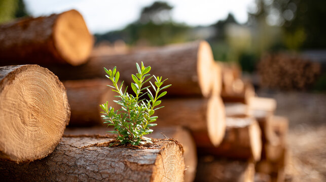 Small plant grows between wood logs. A small green plant emerges from between stacked logs under sunlight in a forest area. - Powered by Adobe