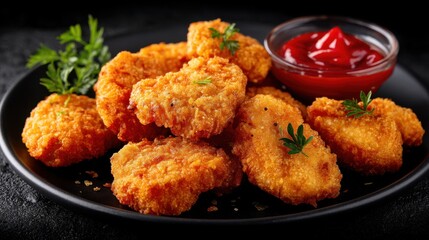 Fototapeta premium Crispy golden chicken nuggets with ketchup on black plate.