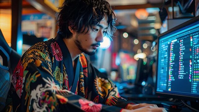A man sits focused at a computer, playing a video game in a gaming cafe. The lights around him create a lively atmosphere. It is nighttime in a bustling urban setting