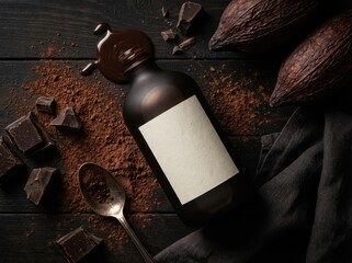 Dark chocolate liqueur bottle with cocoa powder and spoon