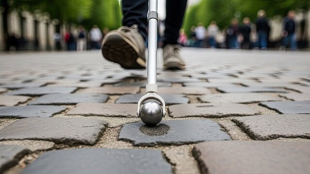 Visually impaired individual using a white cane to confidently navigate a textured city street