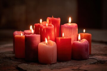burning red candles arranged together in dark interior creating warm glowing atmosphere with soft light and shadows for spa wellness interior decor aromatherapy business