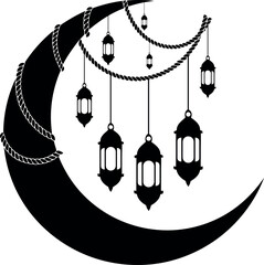 Ramadan crescent moon and lanterns vector illustration silhouette isolated on transparent background