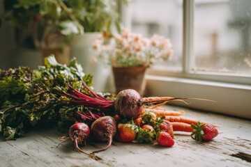 fresh beets carrots and strawberries arranged on rustic table by window light creating valentines day mood for seasonal food styling romantic cooking and natural branding
