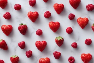 heart shaped strawberries and raspberries arranged as pattern on light background creating valentines day mood for romantic food branding and love celebration