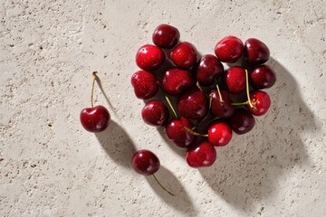heart shaped cherries on stone background with copy space creating valentines day mood for love messages and romantic design