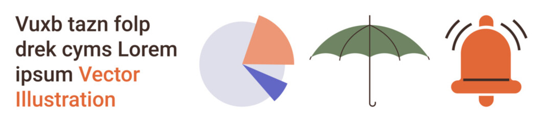 Fototapeta premium Data visualization, risk management, security alerts, protection, unpredictability, business analytics. Pie chart, umbrella and alert bell icons. Data visualization and risk management concept