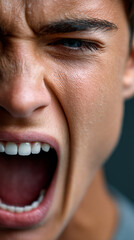 Fototapeta premium Youth showing intense emotion. A young person is shouting with intensity. Their facial expression shows deep emotion. The background is dark.