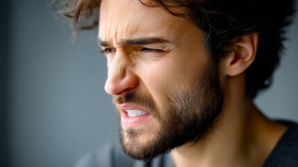 Fototapeta premium Emotional man indoors. A man is showing an intense facial expression while indoors during daylight. He seems to be feeling strong emotions.