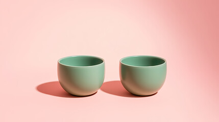 Minimalist mint green ceramic bowls on pink background