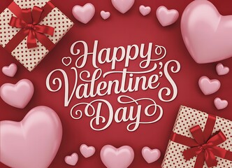 Happy valentines day greeting with pink hearts and gifts on red background