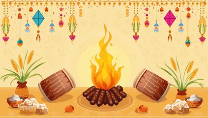 Punjabi Lohri celebration illustration, bonfire music and festive joy