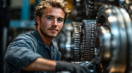Young mechanic works on gears in factory