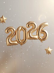 Gold 2026 balloons with star shapes, festive new year celebration decoration