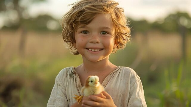 A young child stands outside, smiling and holding a small chick in their hands. The background features green grass and a blurred landscape, suggesting a countryside scene