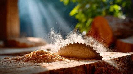 Wood cutting with saw in a sunny place. A saw cuts through wood, sending dust into the air in a forested location during the daytime. Sunlight beams shine down.