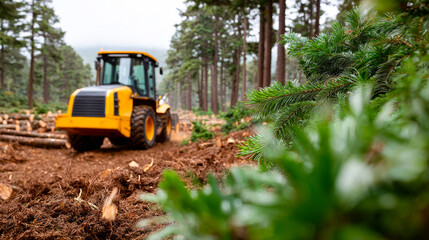 Machinery clearing forest. Workers use a tractor to clear trees in a forest area. Wood logs are scattered across the ground.