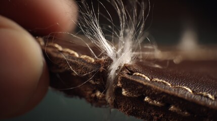 A hand holding a piece of leather with a string coming out of it. The leather is torn and frayed, and the string is pulled out of it. Concept of wear and tear