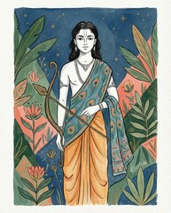 Fototapeta premium Lord Rama Standing with Bow and Arrow Amidst Lush Jungle and Starry Sky