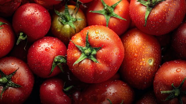 Fresh red tomatoes with water droplets in vibrant close-up. - Powered by Adobe