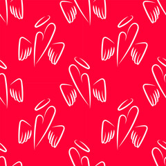 Fototapeta premium Cute seamless love pattern with winged heart symbol and halo. Repeating background in red color for textile design, gift wrap, branding and romantic decorations.